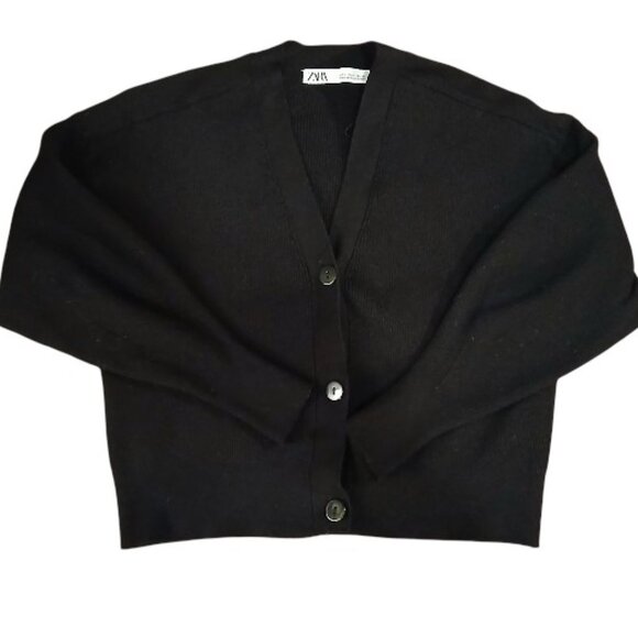 ZARA Black Ribbed Button Knit Crop Balloon Sleeve Cardigan - Picture 3 of 9